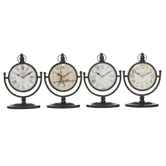 DecMode 12" Black Metal Clock with Swing Stand, Set of 4