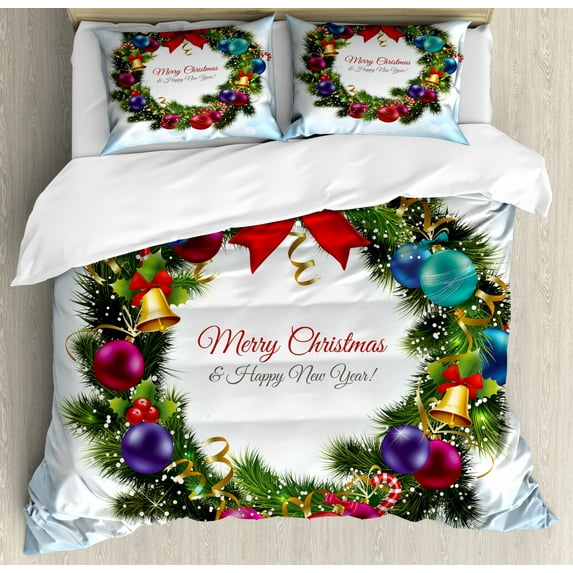 Christmas Duvet Cover Set Queen Size, Round Green Wreath with Vibrant Traditional Elements Festive Happy New Year Art, Decorative 3 Piece Bedding Set with 2 Pillow Shams, Multicolor, by Ambesonne