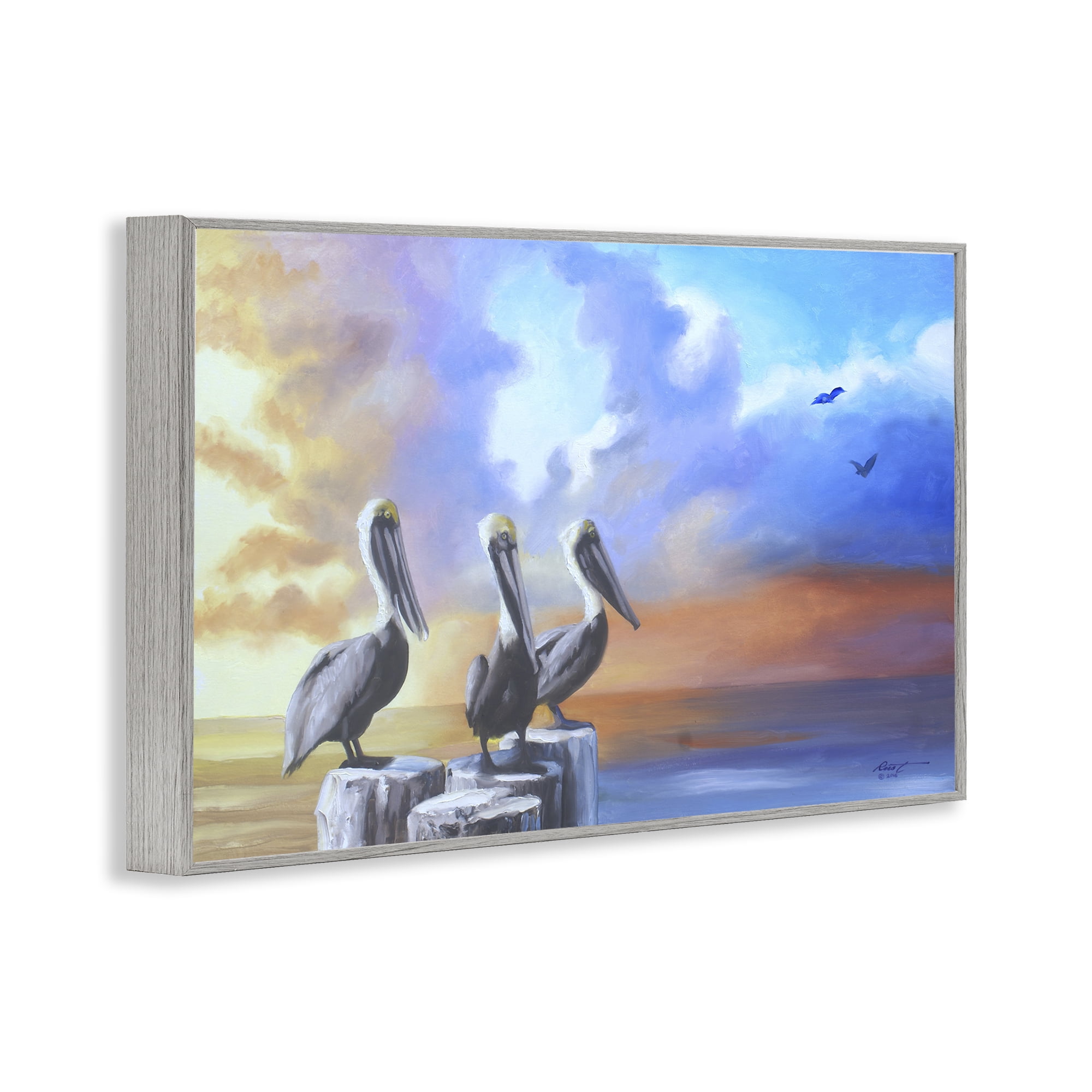 Stupell Industries Vivid Pelican Trio Landscape Painting Gray Framed Art Print Wall Art, 24 x 16