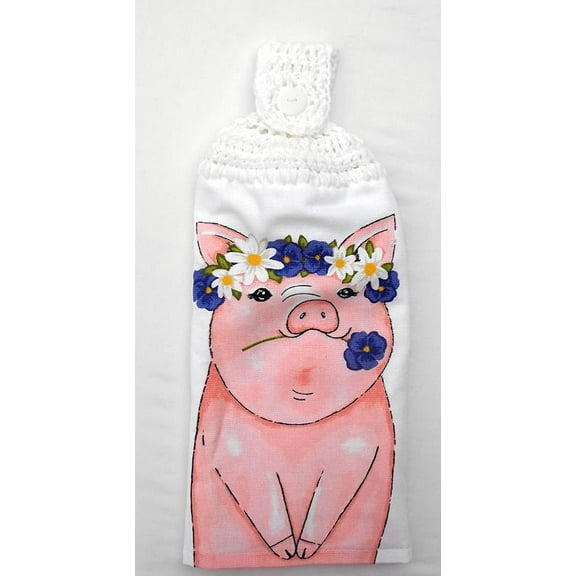 DOWN ON THE FARM PIG - PANSIES & DAISIES - DOUBLE/FULL CROCHET TOP HANGING KITCHEN TOWEL