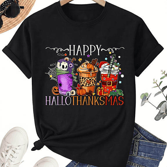 KeHetSoft Unisex Halloween Hallothanksmas Pumpkin Cotton Graphic T-Shirt