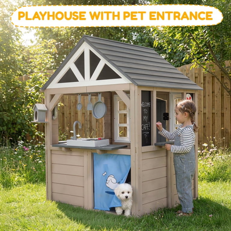 AiKidKit Kids Outdoor Playhouse, Wooden Play Kitchen with Doorbell