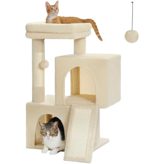 Cat Tree, 30 Inches Cat Tower with Dual Condos for Indoor Cats, Plush Cat House with Padded Perch, Scratching Ramp and Posts and Replaceable Balls-Beige