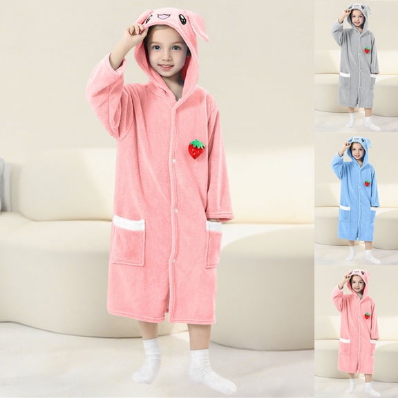Swuxness Toddler Fleece Hooded Long Sleeve Robes, Long Casual Robes, Kids Print Wearable Absorbent Cozy Post Swim Cover Up and Changing Bathrobe with Side Pockets Blue, 8-11 Years