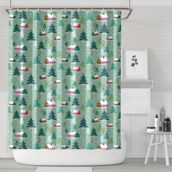 Light Green Christmas Village Pattern Shower Curtain 84"x72" ,Bathroom Decorative Shower Curtains Set with 12 Hooks,Modern Waterproof Washable Shower Curtain