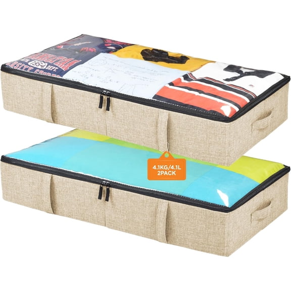 Under Bed Storage Containers, Closet Organizers with Sturdy Handles for Clothes, Comforters, and Accessories, Use Under or at the End of the Bed - 2 Pack, Reinforced, Beige