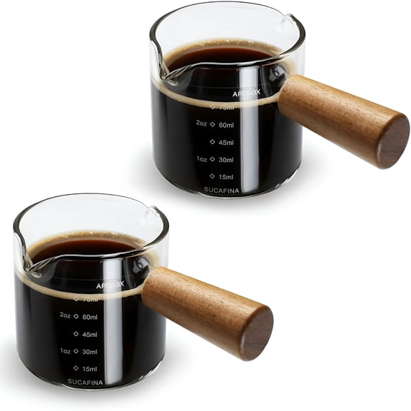 BPPEG 2 Pcs Espresso Cups with Wood Handle,Double Spouts Cups,Shot Glasses,Milk Cup with Handle,Clear Glass,Espresso Accessories for Machine