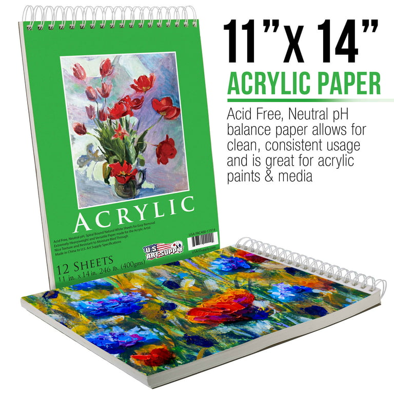U.S. Art Supply 11 x 14 Premium Extra Heavy-Weight Acrylic Painting Paper Pad, 246 Pound (400gsm), Spiral Bound, Pad of 12-Sheets (Pack of 2 Pads)