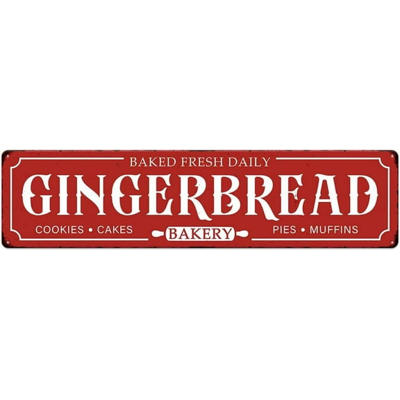 Gingerbread Bakery Metal Sign Cookies Cakes Pies Muffins Christmas Vintage Tin Hanging Plaque for Home Kitchen Patio Yard Office Cafe Coffee Bar Front Door Wall Decor Novelty Gift 4"x16"