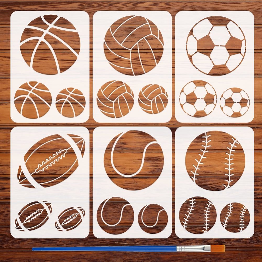 6Styles Balls Pattern Stencils with a Brush 11.7x8.3Inch Basketball Painting Stencils Volleyball Soccer Template PET Sport Themes Football Template