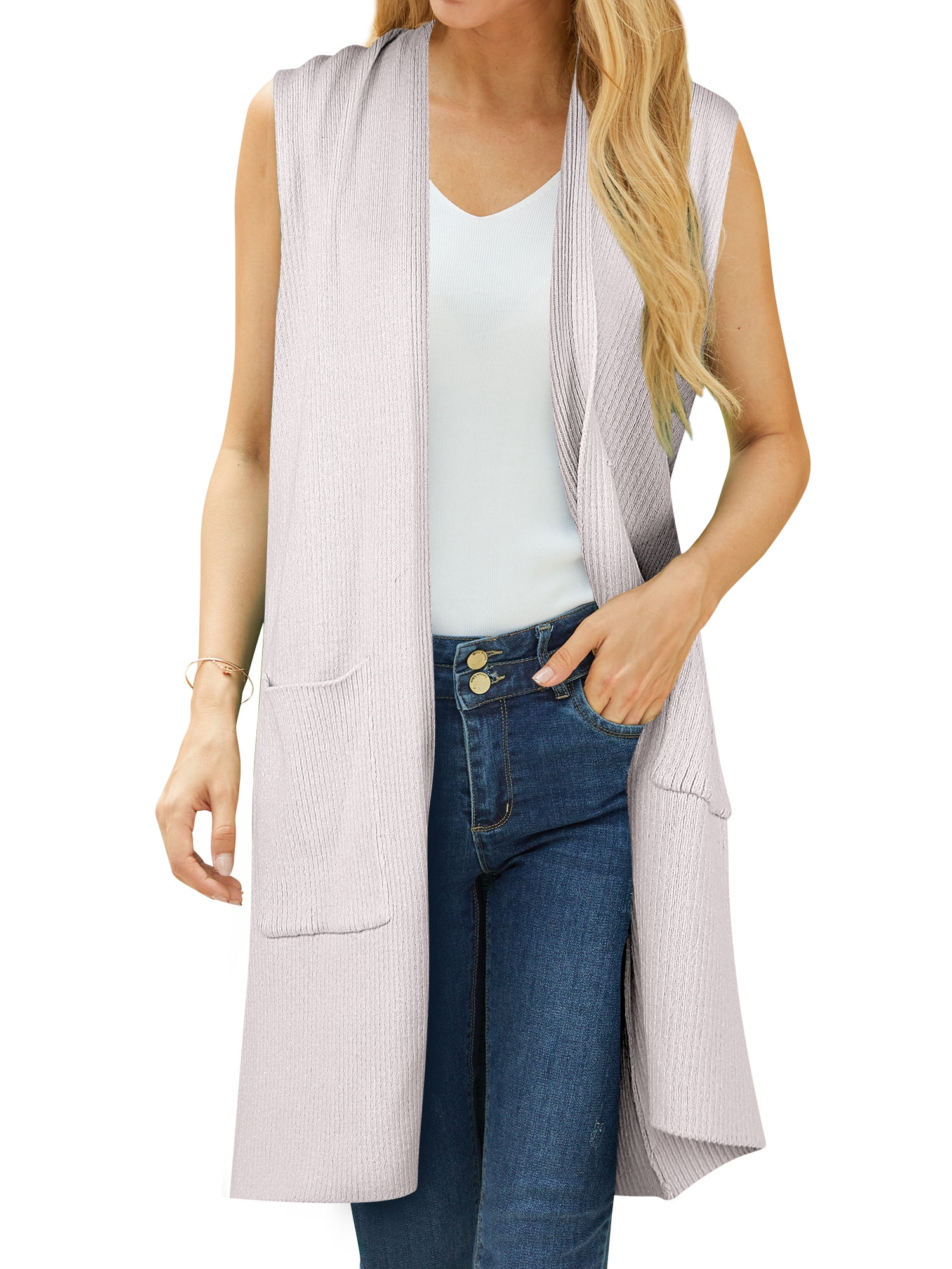 STARVNC Women Open Front Pocket Solid Color Sleeveless Cardigan