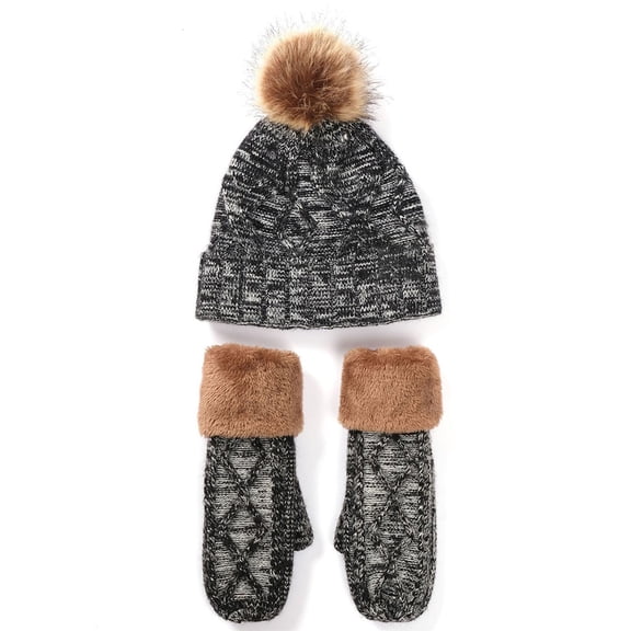 YUUZONE 2 Pieces Women Winter Cable Knit Beanie Hat with Full Finger Gloves Mittens Set Thicken Thermal Plush Lined Pompom Sku11 Cap Ear Warmer