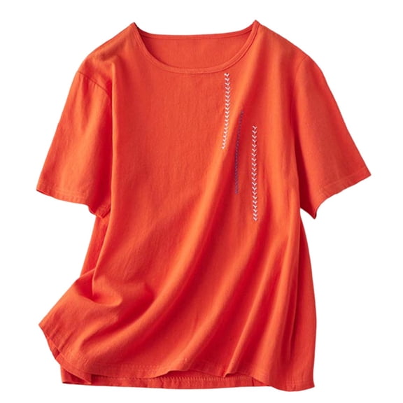 Generic Womens Summer Embroidered Tops Short Sleeve Loose Fit Plain T Shirts Basic Vintage Tees Cotton Crew Neck Tshirts
