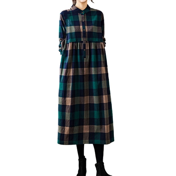 Gamivast Linen Shirt Dresses for Women Button Down Collar Maxi Dress Vintage Plaid Check Casual Dresses Long Sleeve Loose Fit Spring Winter Work