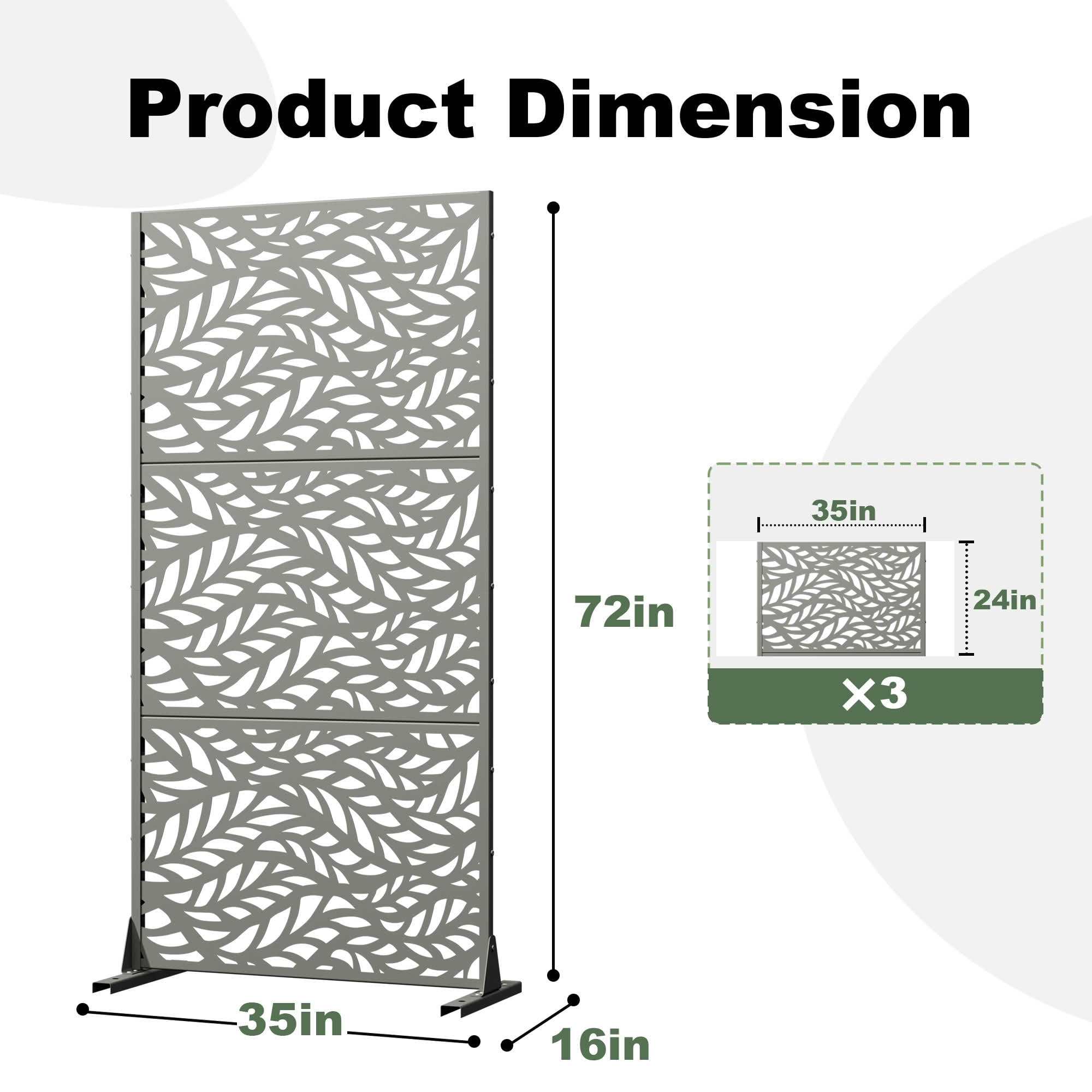 MAYEERTY Grey Rectangular Galvanized Metal Privacy Screen, Outdoor Garden Patio, 72×35×16in, 3 Panels