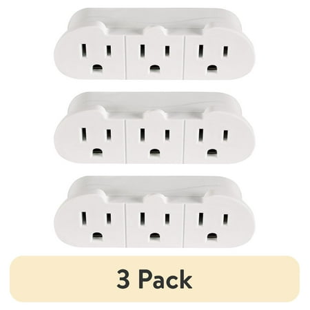 (3 pack) Hyper Tough 3-Outlet Grounded Wall Tap White Plug-in Power Adapter, 15 Amps