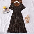 thumbnail image 5 of GENEMA Women Puff Short Sleeve Square Neck Midi Long Swing Dress Boho Vintage Floral Print Smocked A-Line Ruffle Hem Sundress, 5 of 14