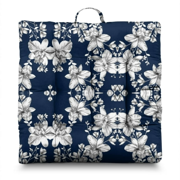 Vintage Floral Floor Pillow Large 22 Inch Square Cushion, Wildflower & Butterfly Illustration, Soft for Yoga & Tatami