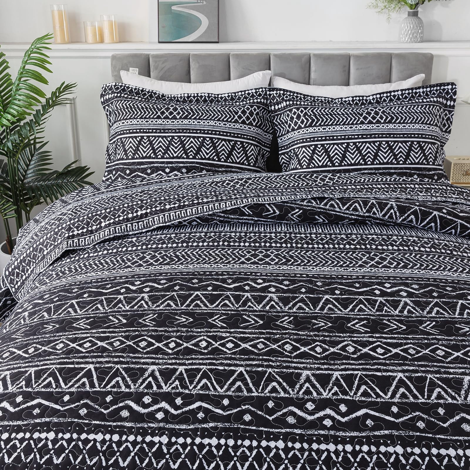 NEWLAKE 3-Piece Queen Quilt Set Striped Pattern Microfiber Soft Lightweight Bedding Set with Shams for All Season, Black and White Quilt, Queen Size