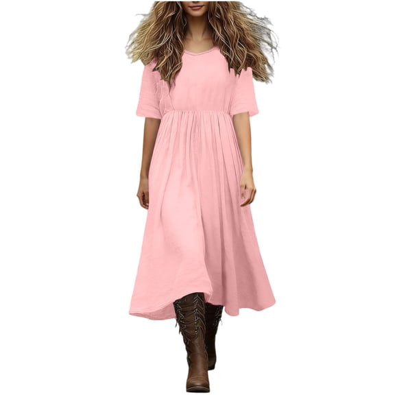 Kukoosong Women's Round Neck Short Sleeve Tiered Midi Dress, Loose Flowy Casual Swing Dress for Summer, Boho Cotton Linen Dress for Women Vacation