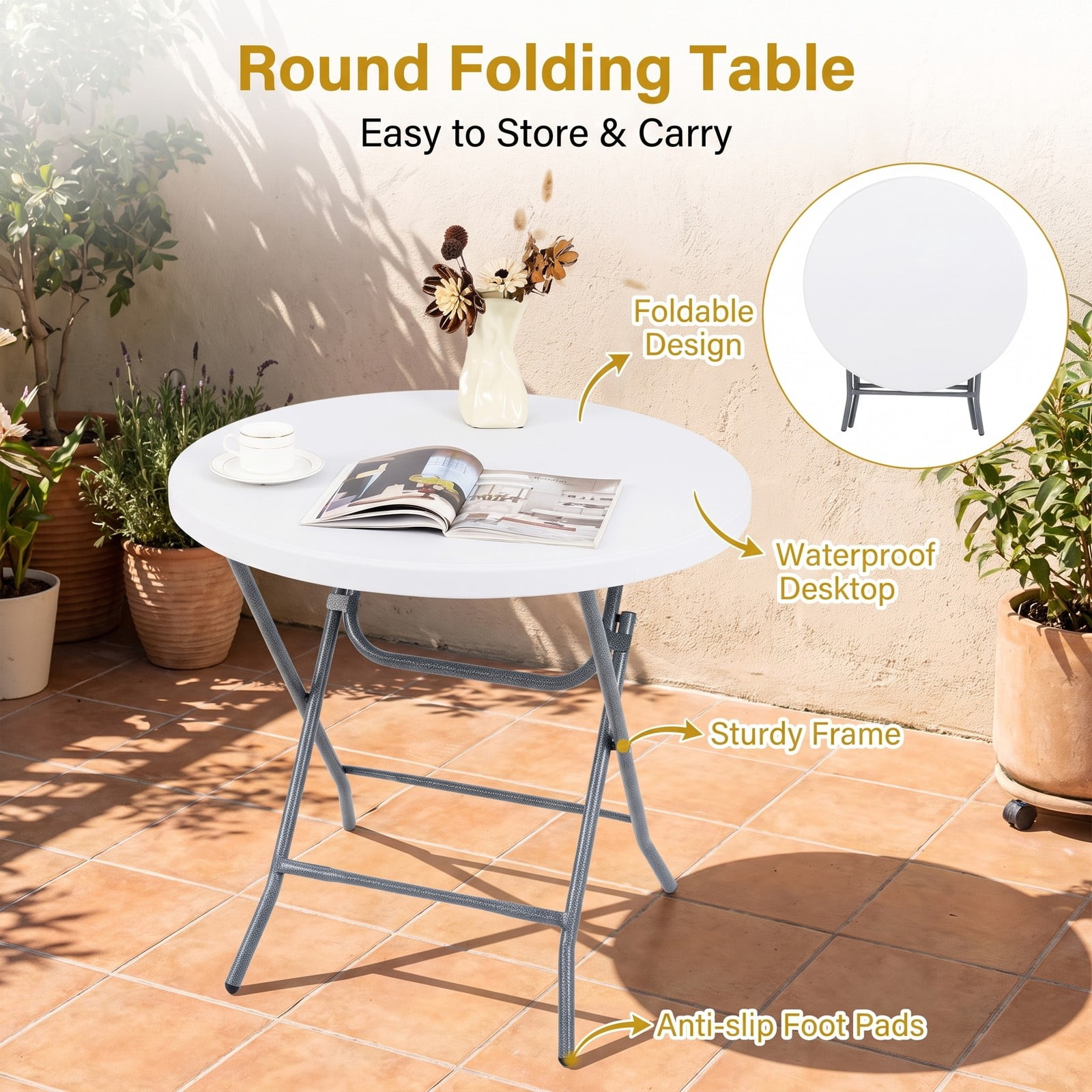 Furnibear 32 Inch Round Folding Table with Thick HDPE Tabletop and Anti Slip Footpads for Picnic Party and Backyard Dining, White