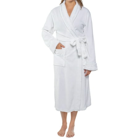 

PAVILIA Soft Plush Women Fleece Robe White Cozy Bathrobe Luxurious Female Long Spa Robe Satin Waffle Trim L/XL
