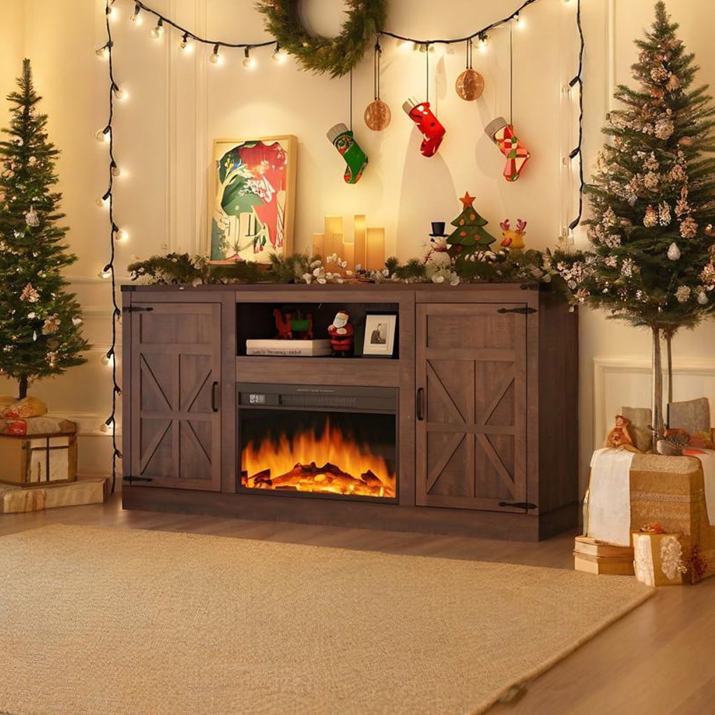 ChVans Farmhouse TV Stand with 26" Fireplace for 65"-75" TVs, 33" Tall Fireplace TV Entertainment Center Stand with Storage for Living Room