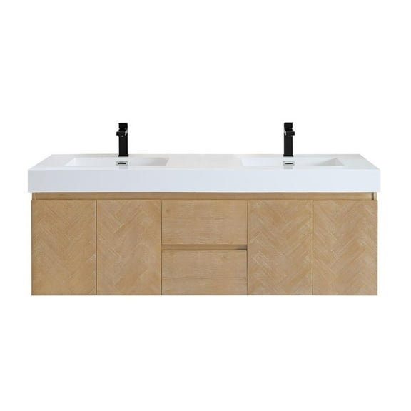 Pemberly Row 60" Wall-mounted Wood Vanity in Light Brown Artificial Sink
