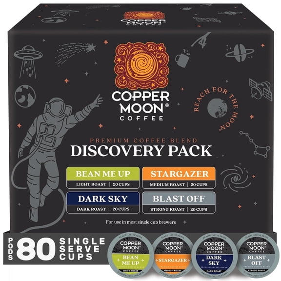 Copper Moon Discovery Variety Pack, Single Serve Premium Coffee Pods for K-Cup Brewers, Bean Me Up, Dark Sky, Blast Off, Stargazer, 20 ea flavor, 80 Ct