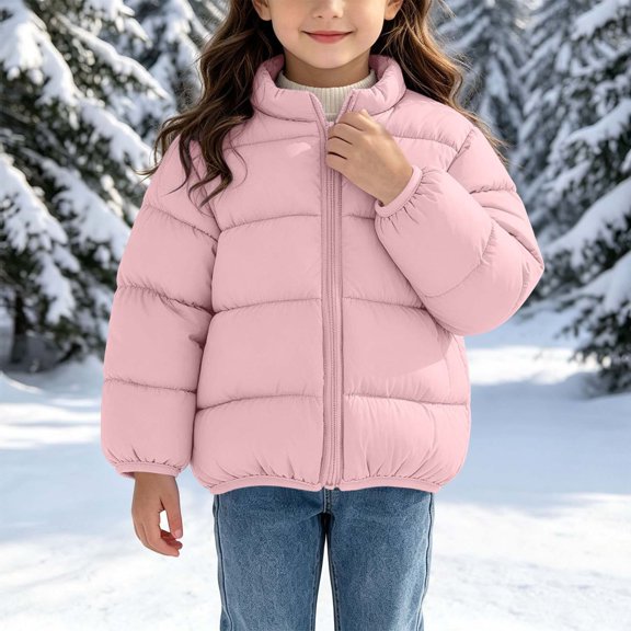 Kids' Stand Collar Zip Puffer Jacket, Bear Applique On the Back and Padded Warm Construction, Side Pockets, Kids Winter Outerwear, 1‑8 Years, Toddler Jacket Pink 1-2 Years