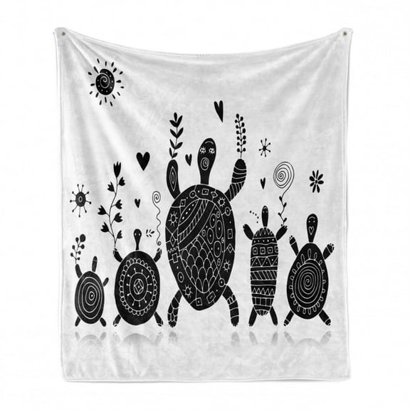 Turtle Soft Flannel Fleece Blanket, Funny and Whimsical Layout of Monochrome Style Silhouettes in Ethnic Motifs, Cozy Plush for Indoor and Outdoor Use, 70" x 90", Charcoal Grey White, by Ambesonne