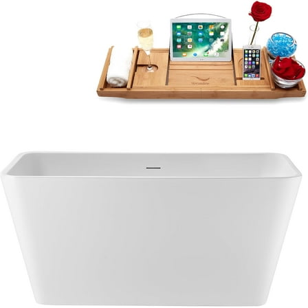 51" Streamline G-25-148-BBR Soaking Glossy White Freestanding Tub and Tray With Internal Drain in Brushed Brass