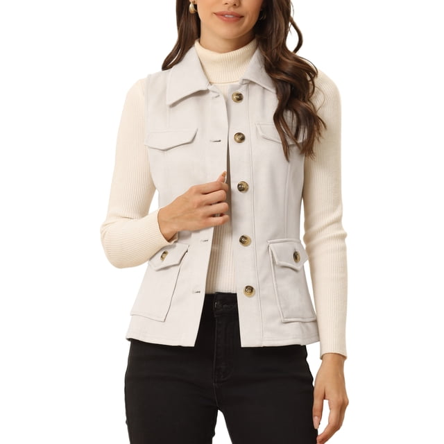 INSPIRE CHIC Women's Utility Cargo Vest Button Front Sleeveless Faux Suede Jacket with Pockets L Beige