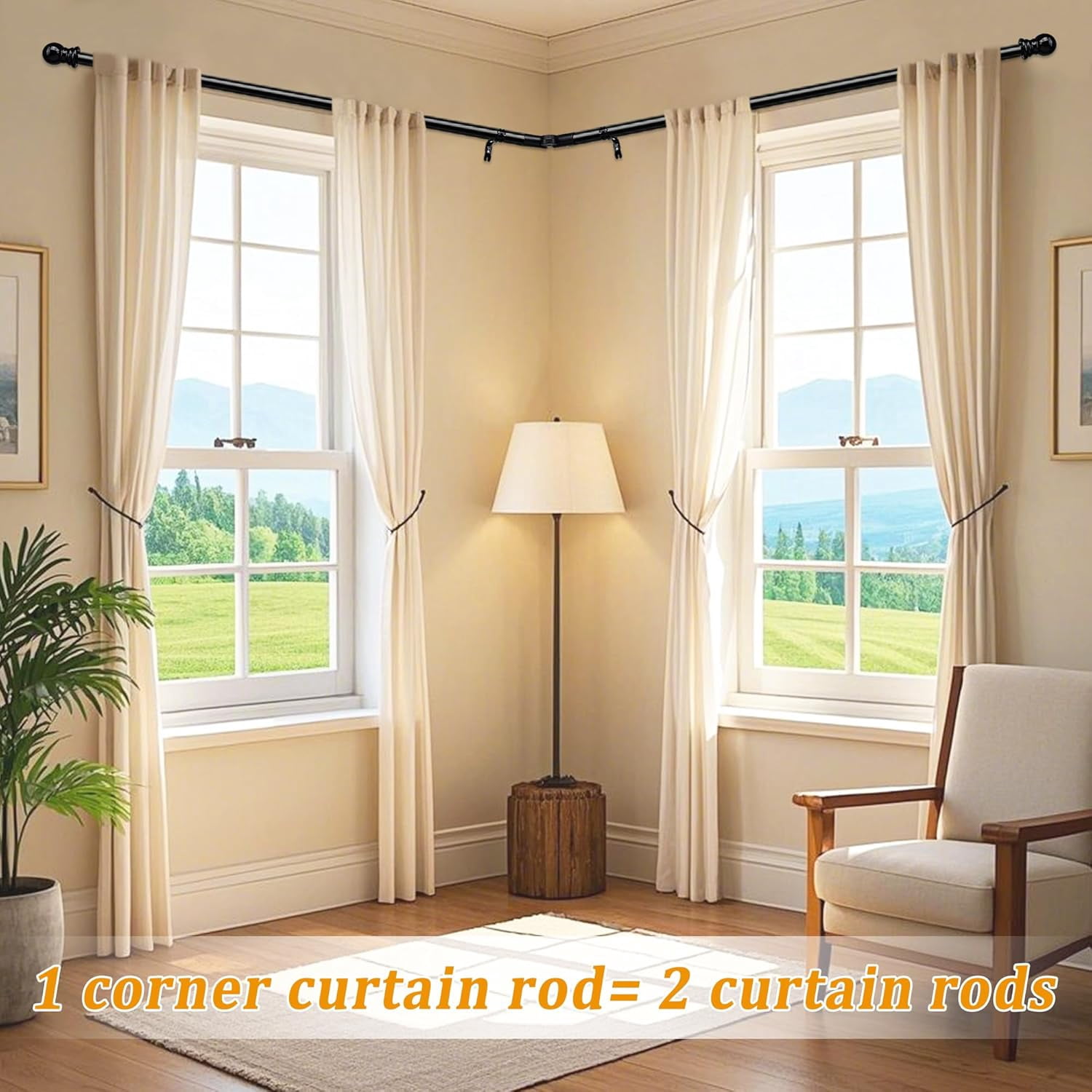 Bay Window Curtain Rods, L Shape Heavy Duty Curved Curtain Rods for Bay Windows with Brackets, 59-184" Adjustable for Bedroom, Living Room, Dinging Room, Black