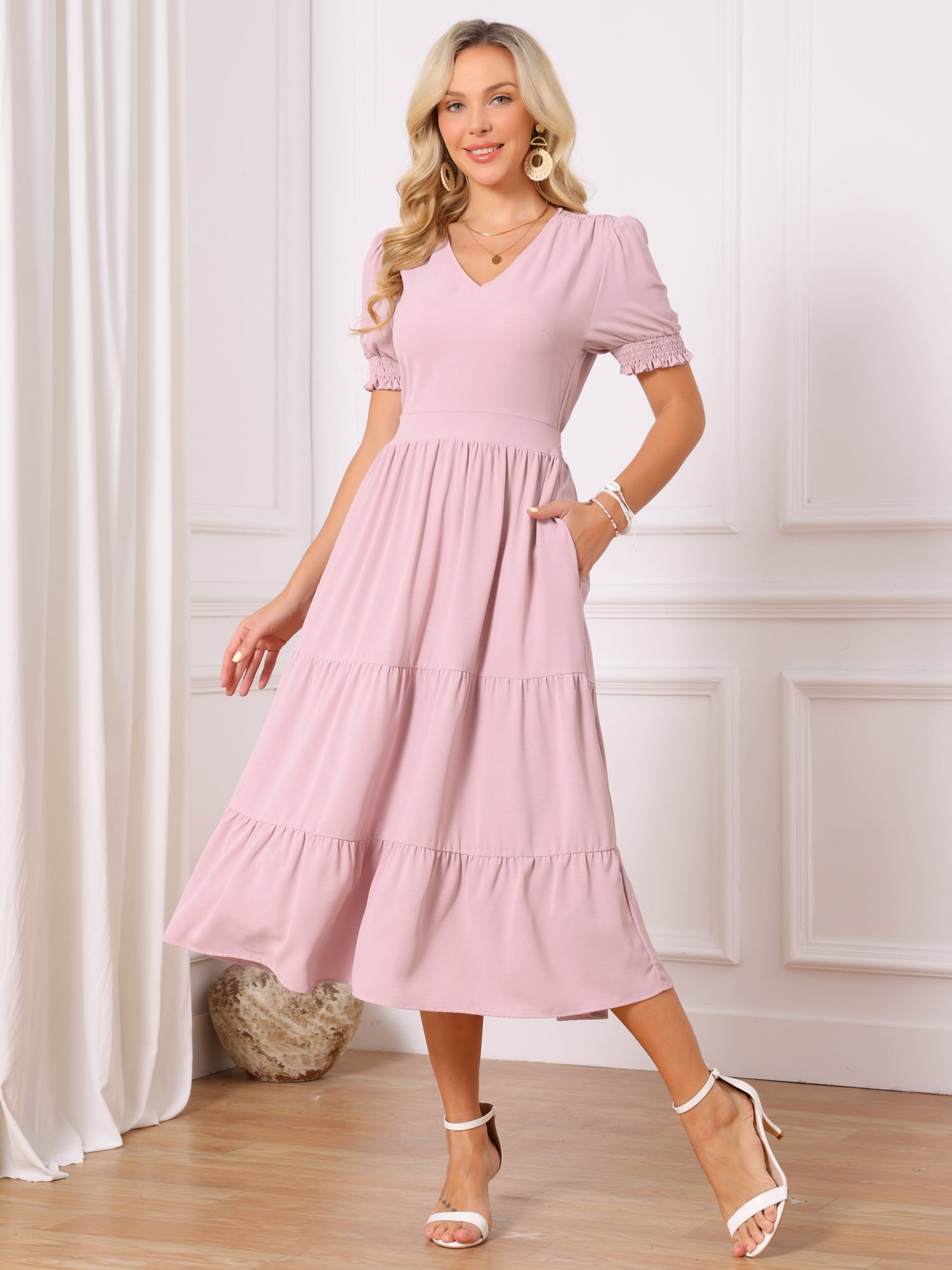 DARING DIVA Women's Tiered Smocked Short Sleeve A-Line V Neck Ruffle Flowy Dress L Pink