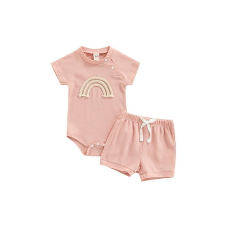 

Bebiullo Summer Newborn Baby Outfits Clothes Set Fashion Short Sleeve Rainbow Letter Printed Tops+Elastic Shorts 2PCS Girl Boy Casual Set Pink 3-6 Months