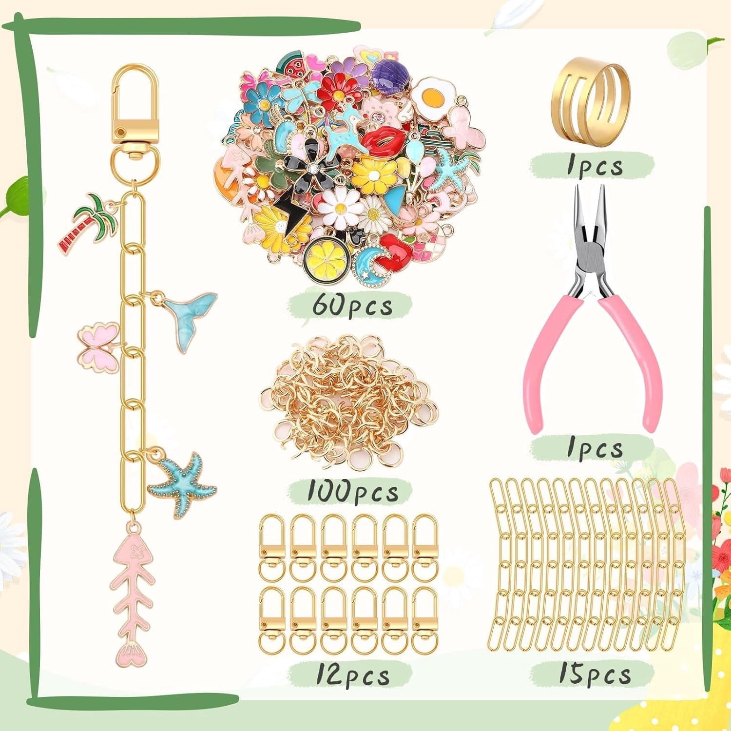 189 Pcs Keychain Making Kit, Gold DIY Jewelry Craft Kit with Charms Jump Rings Lobster Clasps Extender Chains Pliers, Keychain Supplies for Custom Gifts Bag Charms Accessories