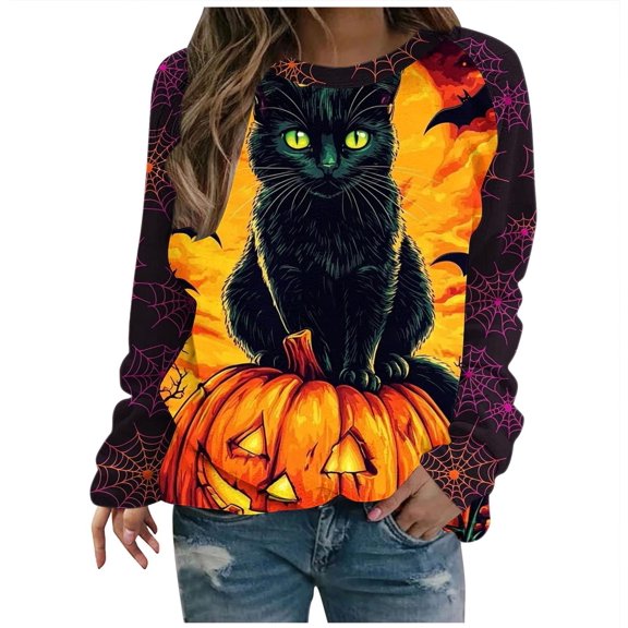 Lcziwo Womens Halloween Pumpkin Sweatshirt Hocus Pocus Black Cat Print Tops Raglan Long Sleeve Crew Neck Pullover Casual Fashion Vacation Loose Shirts Multicolor,M