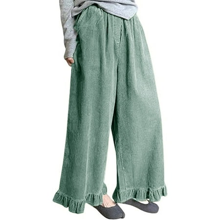 FNFYFH Womens Wide Leg Corduroy Pants Ruffled Hem Elastic Waist Lounge Travel Pants Loose Fit Casual Fall Pants with Pockets