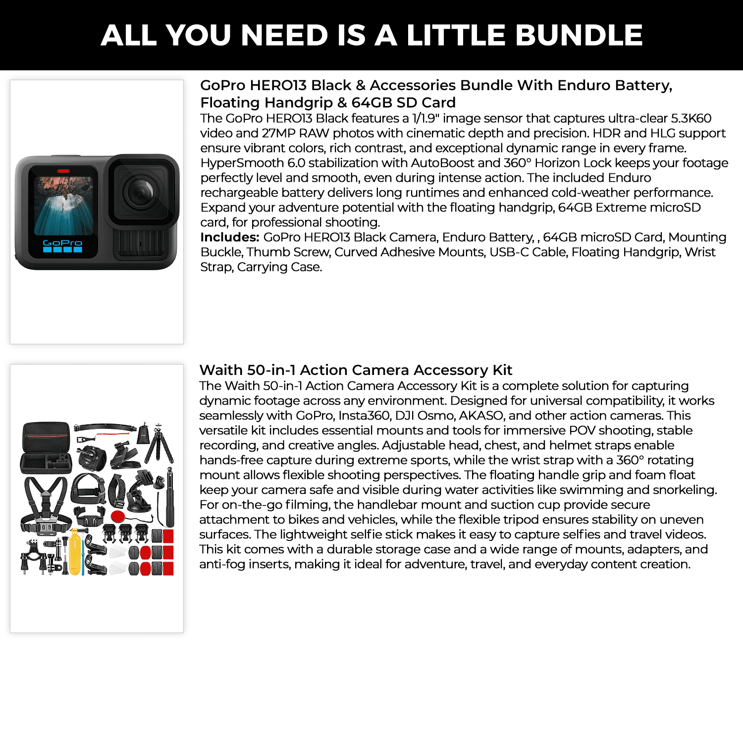 GoPro HERO13 Black Camera | Waterproof 5.3K60 Video & 27MP Photos Action Camera with Enduro Rechargeable Battery, Floating Handgrip, 64GB microSD Card, and 50-in-1 Camera Accessory Kit - Bundle Set