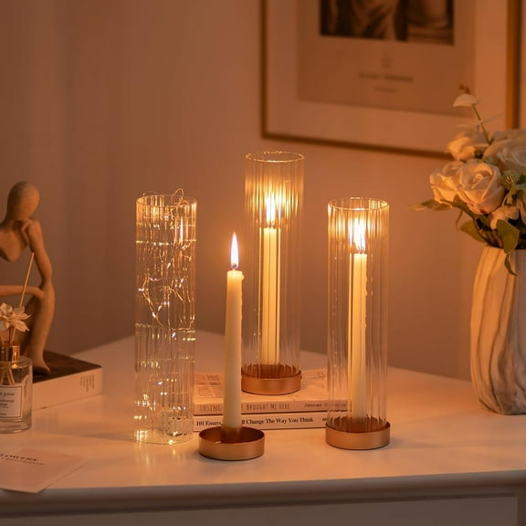 Hurricane Glass Candle Holders: Set of 8 Gold Candlestick Holders with 11" Tall Clear Cylinder Hurricane Cover