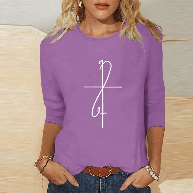 TaTaai Spring Top for Women Easter Cross Print 3/4 Sleeve Round Neck Casual Loose Fit T Shirt Fashion Blouse Soft Lightweight for Summer Daily Outing Gift