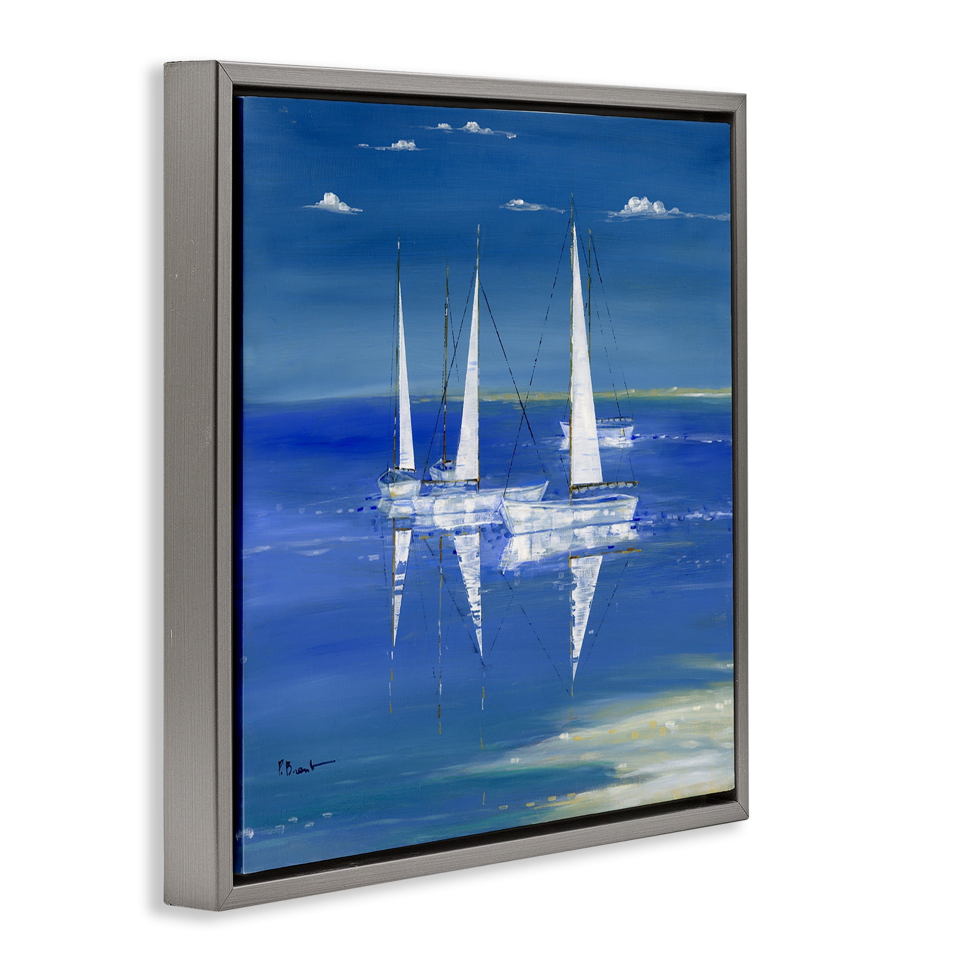 Stupell Industries Serenity Sailboats Reflected on Water Gray Framed Floater Canvas Wall Art, design by Paul Brent