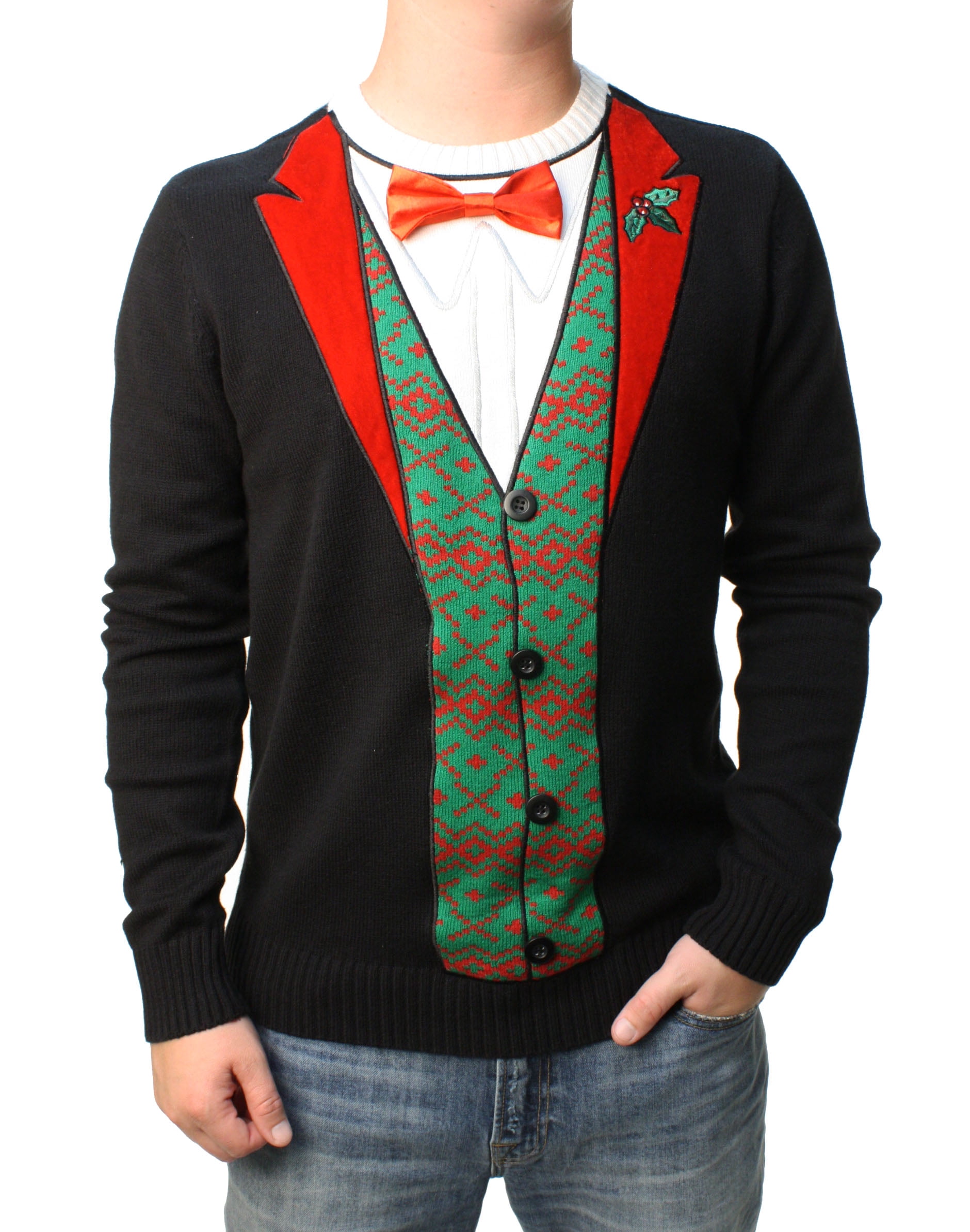 Ugly Christmas Sweater - Ugly Christmas Sweater Men's 3D Bow Tie Felt Embossed Tuxedo Pullover 