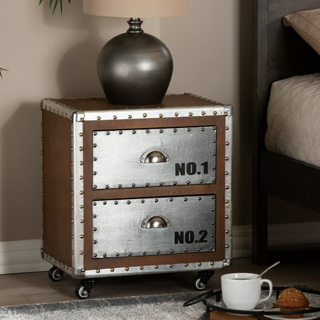 Wood And Metal Furniture Baxton Studio Avere French Industrial Brown Wood and Silver Metal 2-Drawer Rolling Nightstand ()