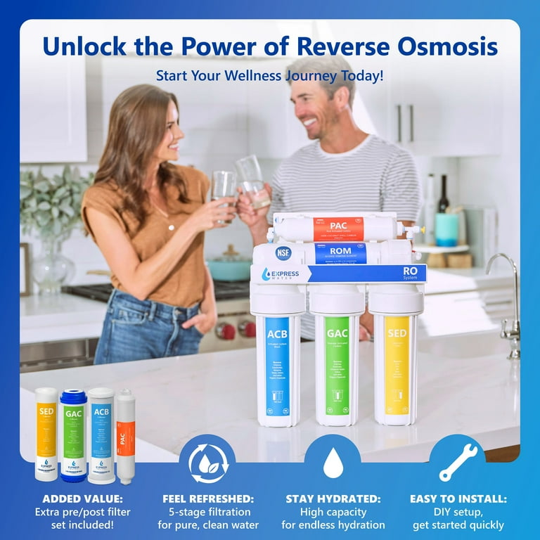 Reverse Osmosis Water Filtration System 5 Stage RO Filter with Faucet and Tank 4 Free Replacement Filters 50 GPD Reverse Osmosis Water Filtration System 5 Stage RO Filter with Faucet and Tank 4 Free Replacement Filters 50 GPD