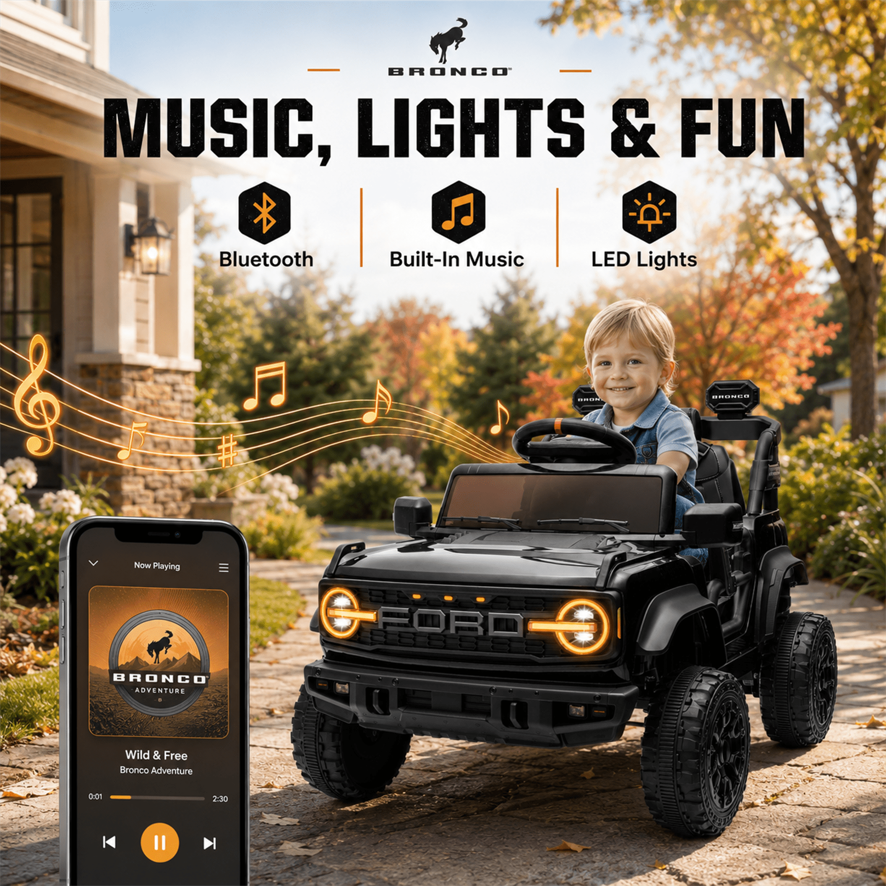 Conchico Licensed Ford Bronco Raptor 12V Kids Ride on Cars with Remote Control, Battery Powered Ride on Toys with All-Terrain Wheels, Toddler Electric Car with Music for Boys Girls 3-5, Black
