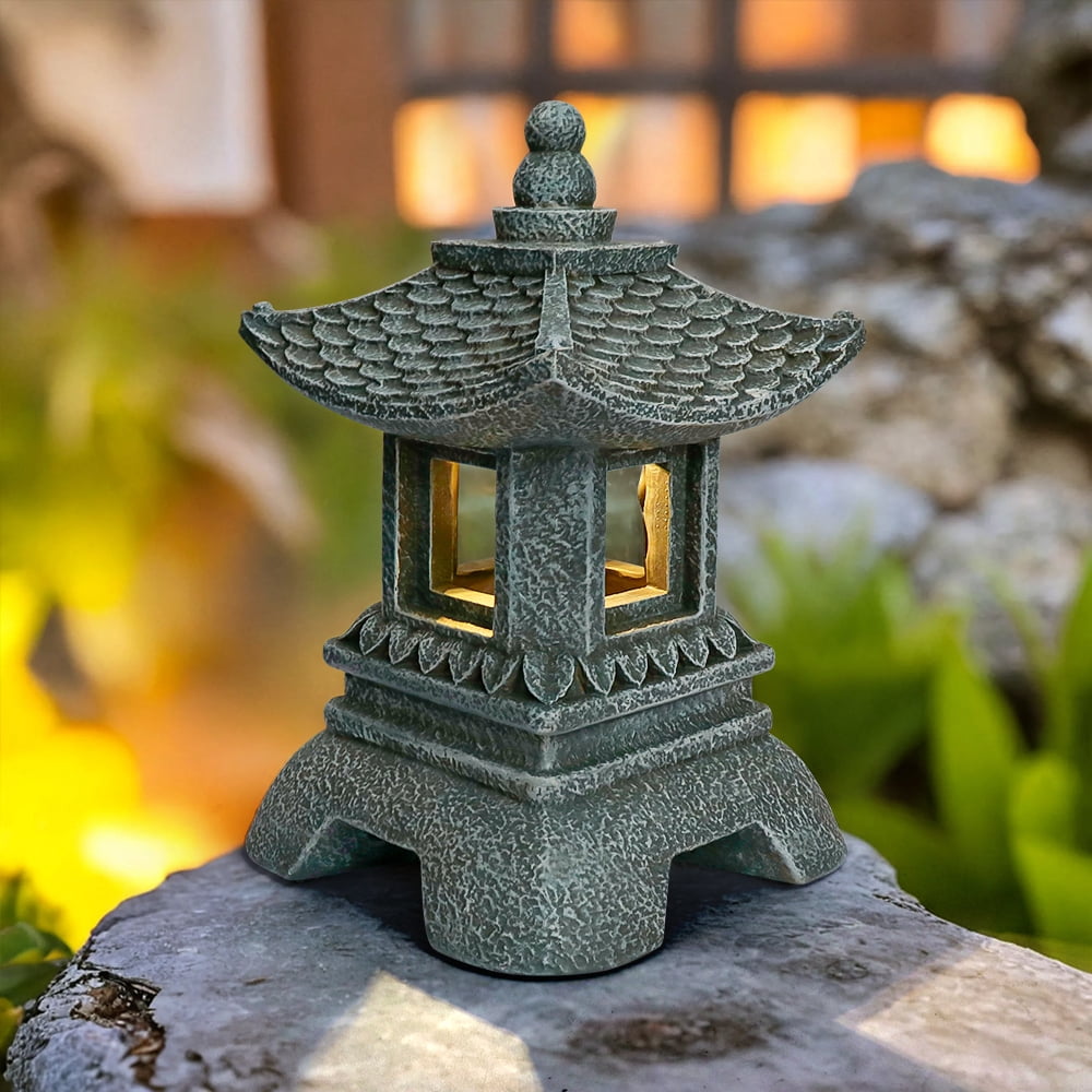 12 Inch Solar Japanese Pagoda Lamp Statue, Zen Asian Style Outdoor Garden Ornament, Art Decor Figurine for Balcony Patio Porch Yard Landscape