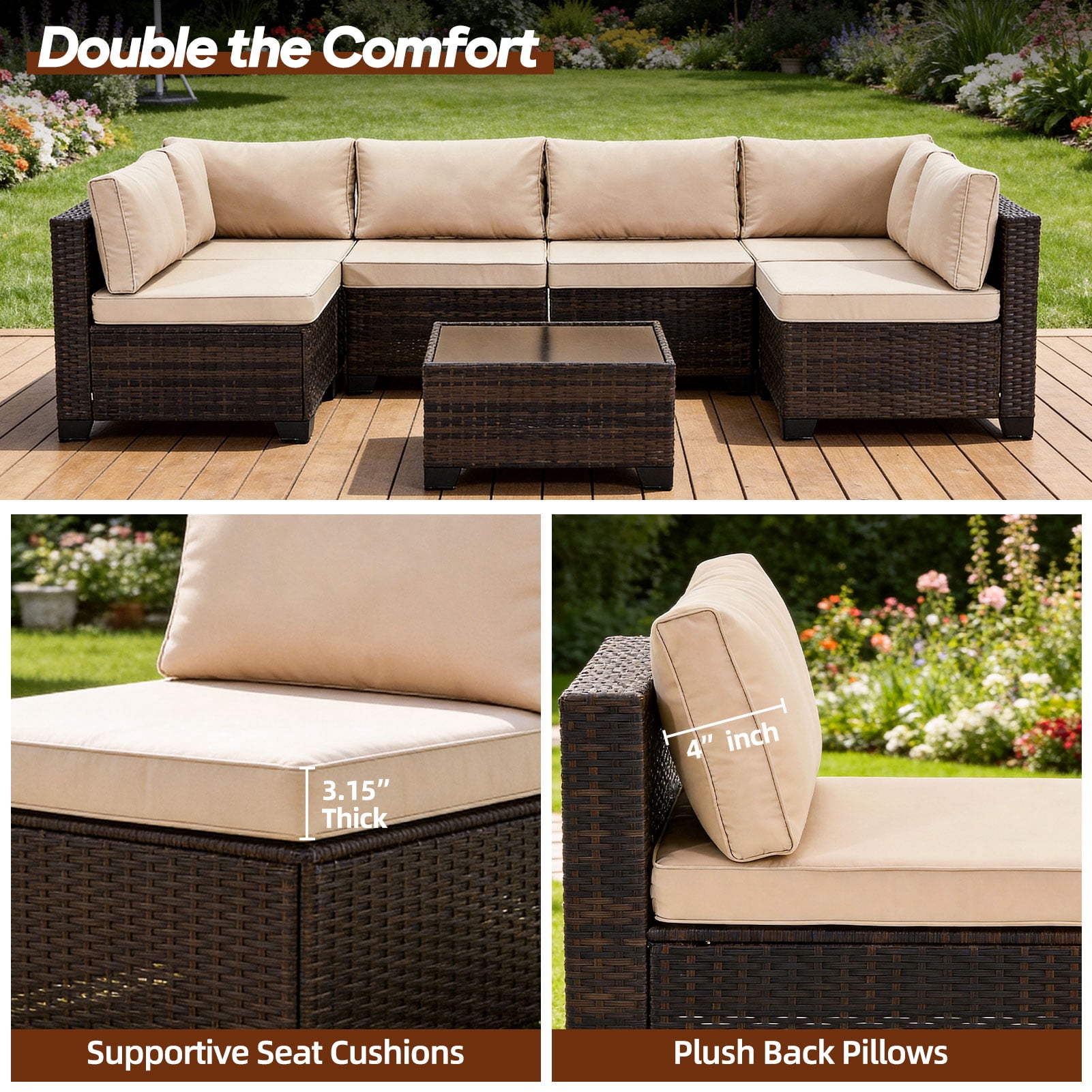 14-Piece Patio Furniture Replacement Cushion Set with Washable Covers, Waterproof Sectional Outdoor Sofa Cushions (6 Seat + 6 Back + 2 Armrest), 4" High-Density Foam with Anti-Slip Base, Khaki