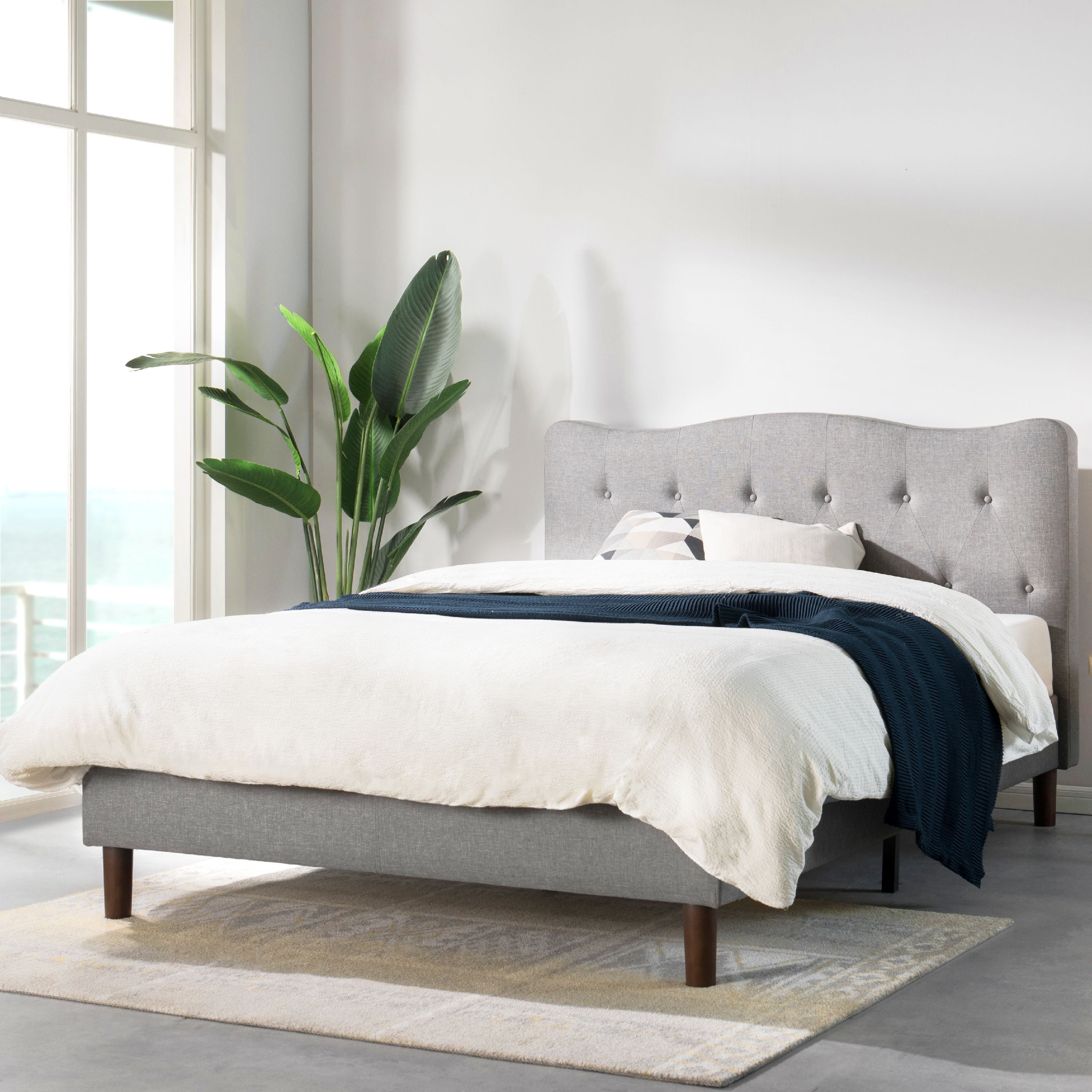 Queen Modern Tufted Headboard Mellow JANNE Upholstered Platform Bed Real Wooden Slats and Legs Classic Grey Queen Modern Tufted Headboard Mellow JANNE Upholstered Platform Bed Real Wooden Slats and Legs Classic Grey